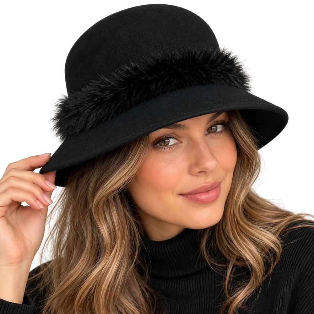 Vintage Arlin Black Wool Felt Cloche Hat Faux Fur Trim Gothic